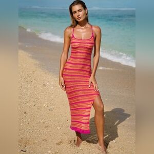 NWT Berlook Boho Pink & Orange Striped Crochet Resortwear Dress